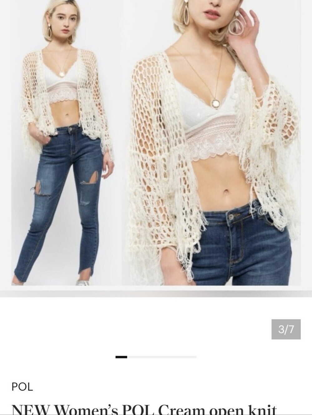Open-Knit Fringe Cardigan Sweater - Cream - Picture 8 of 8